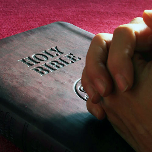 prayerful hands with interlaced fingers resting on a book of the Holy Bible